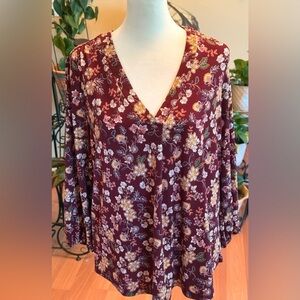 Vince Camuto BURGUNDY Multicolor Floral V-Neck 3/4 Sleeve Top Medium Stretchy